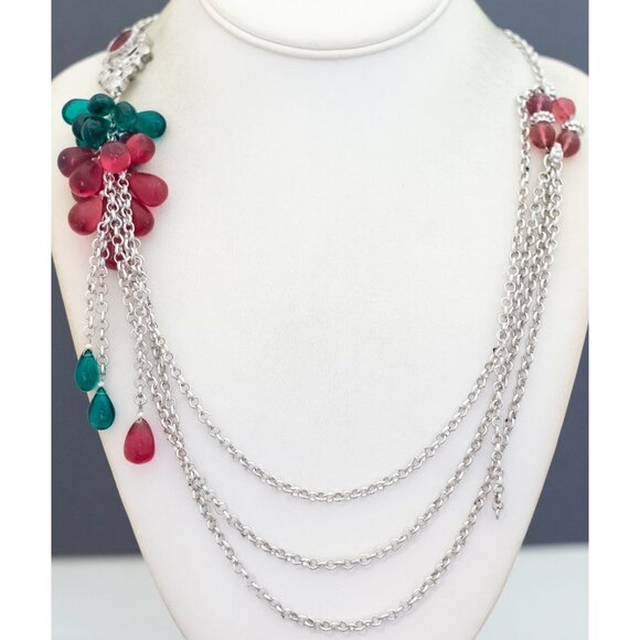 26 inch, Vintage Green & Red Beads Silver Tone Multistrand Necklace - G50 - Picture 2 of 3